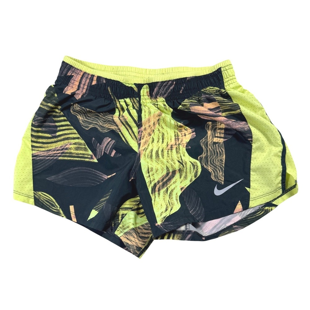 Nike Dri-FIT Running Shorts Womens XS Lime Green Black Tropical Abstract Print